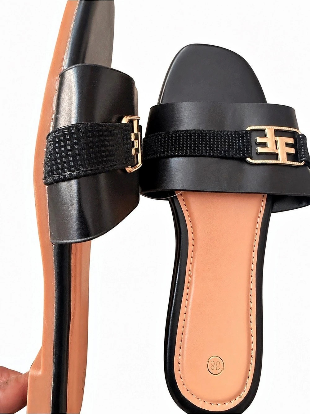 Slide Sandals in Black & Gold EU 38 NWT